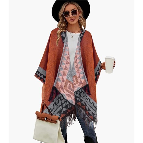 Boho Multicolor Aztec Tribal Print Knit Poncho Shawl Cape‎ Pashmina Wrap